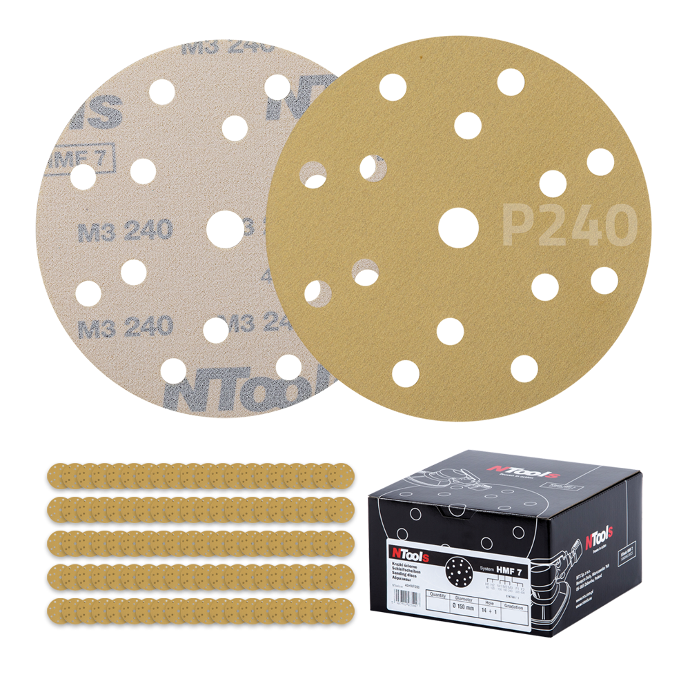 Set de disque abrasif auto-agrippant Ø150 mm NTools HMF 7 - 15 trous, anti-encrassement, boîte de 100