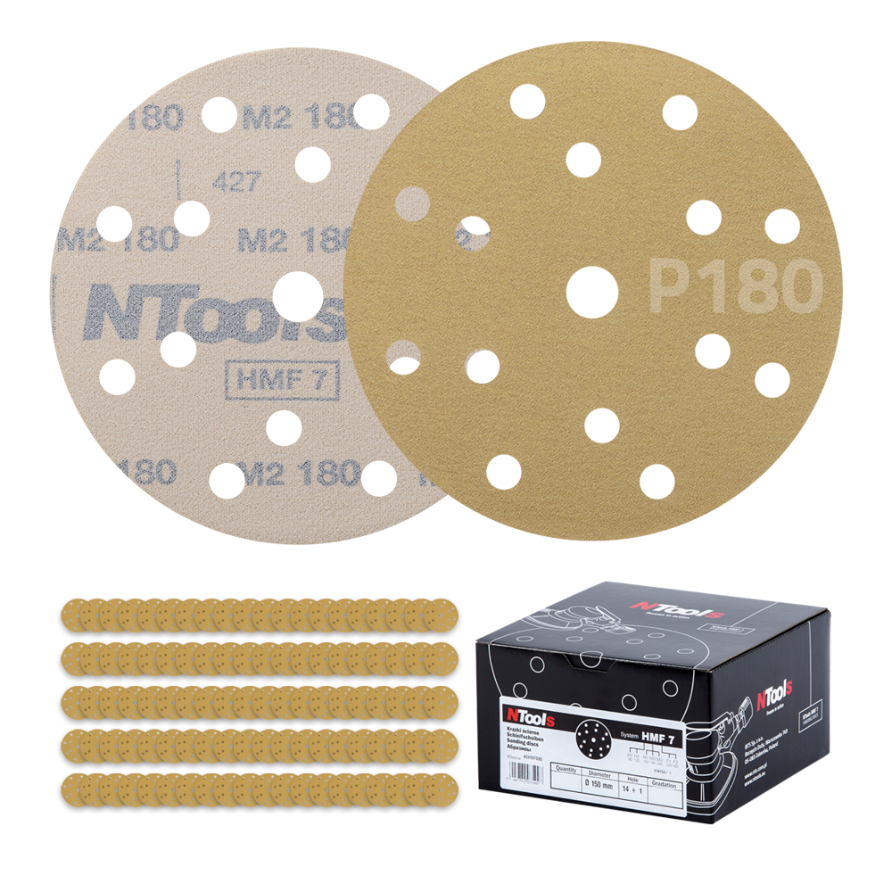 Set de disque abrasif auto-agrippant Ø150 mm NTools HMF 7 - 15 trous, anti-encrassement, boîte de 100