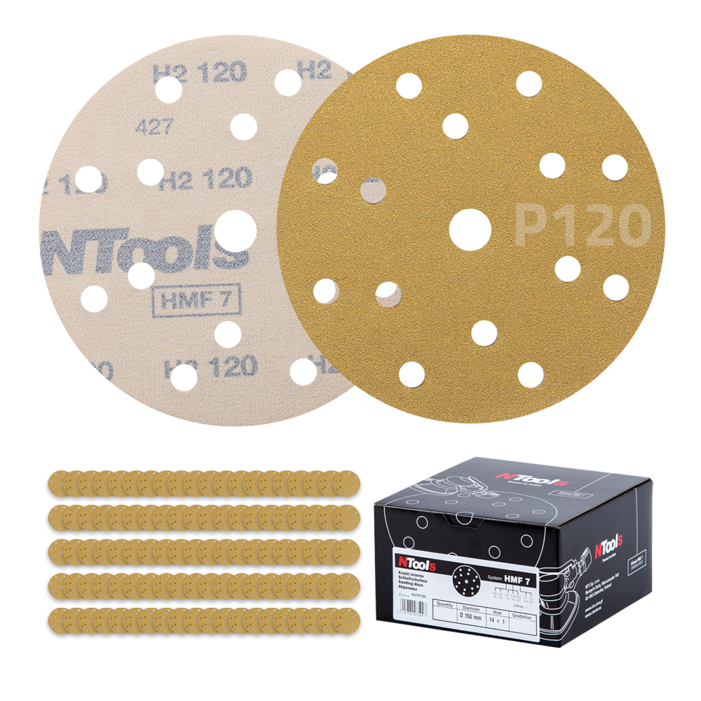 Set de disque abrasif auto-agrippant Ø150 mm NTools HMF 7 - 15 trous, anti-encrassement, boîte de 100