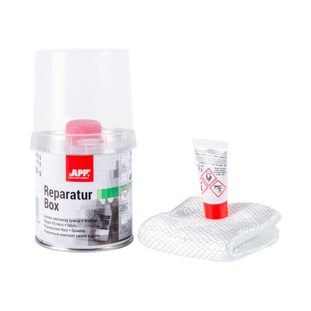 Kit reparation carrosserie voiture fibre de verre résine durcisseur APP Reparatur Box 250g