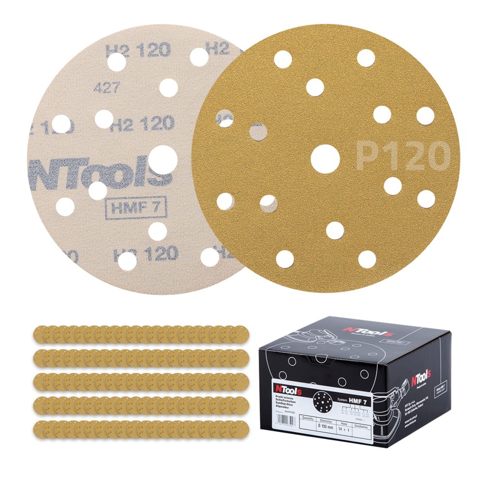 Set de disque abrasif auto-agrippant Ø150 mm NTools HMF 7 - 15 trous, anti-encrassement, boîte de 100