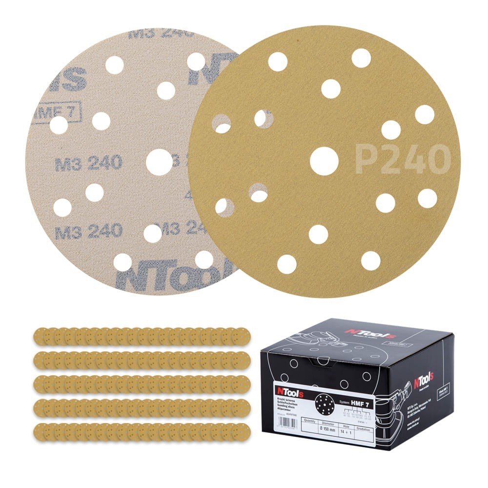 Set de disque abrasif auto-agrippant Ø150 mm NTools HMF 7 - 15 trous, anti-encrassement, boîte de 100