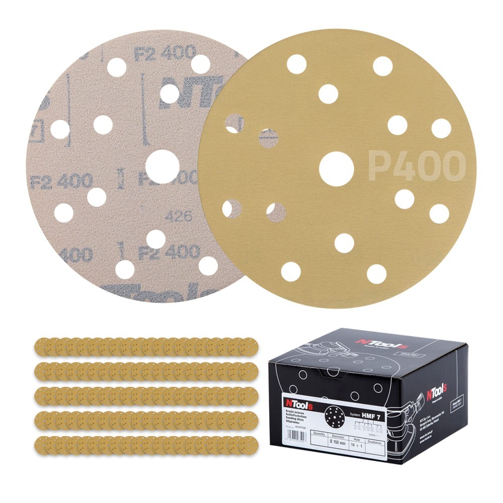 Set de disque abrasif auto-agrippant Ø150 mm NTools HMF 7 - 15 trous, anti-encrassement, boîte de 100