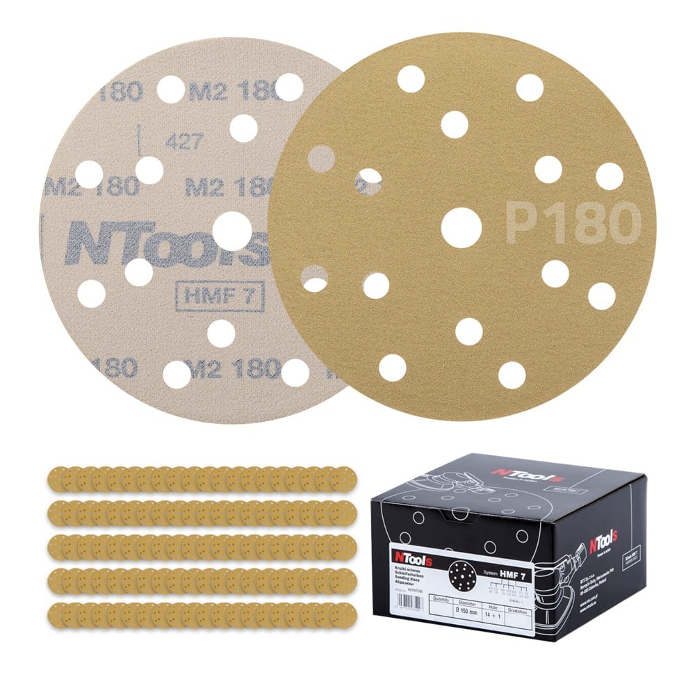 Set de disque abrasif auto-agrippant Ø150 mm NTools HMF 7 - 15 trous, anti-encrassement, boîte de 100