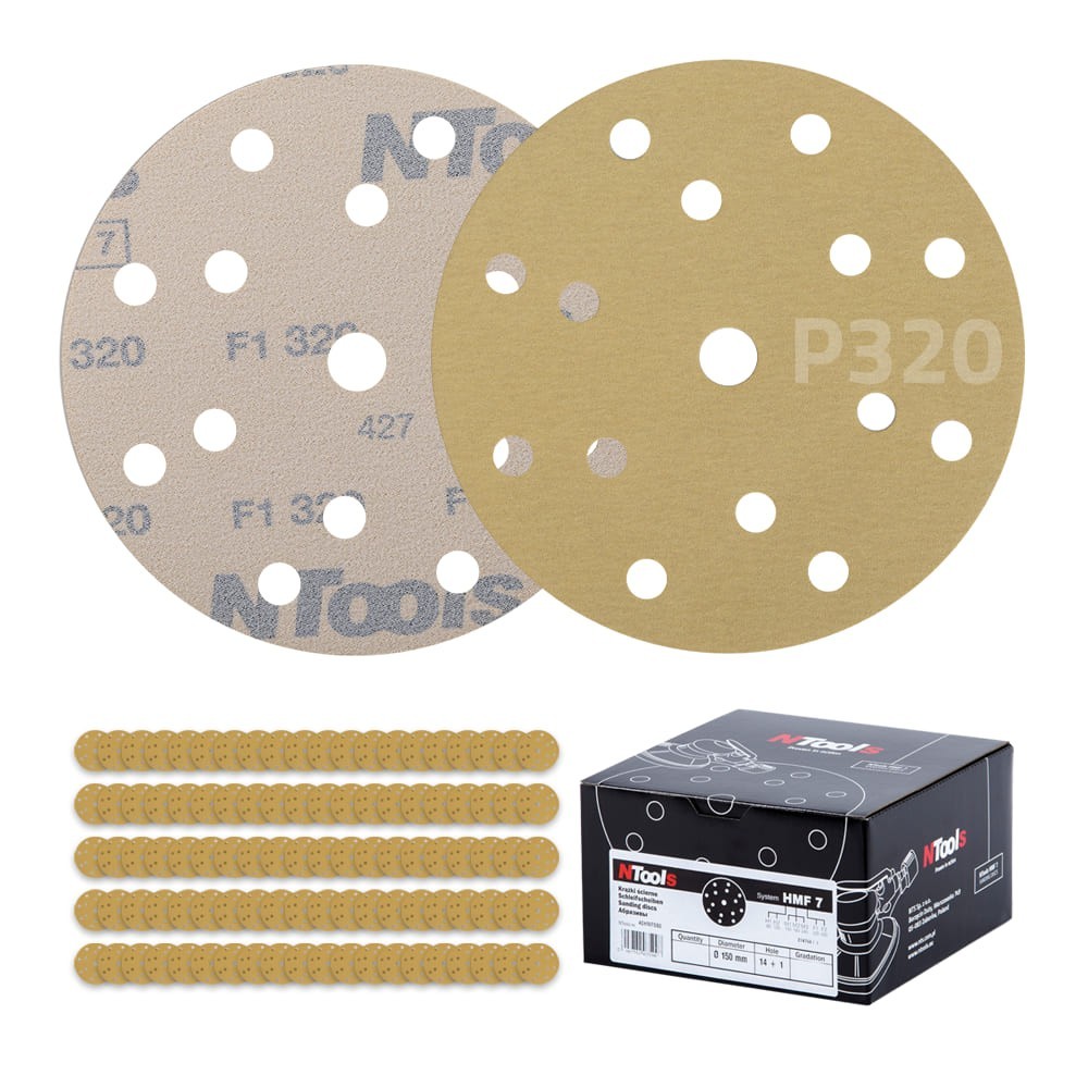 Set de disque abrasif auto-agrippant Ø150 mm NTools HMF 7 - 15 trous, anti-encrassement, boîte de 100